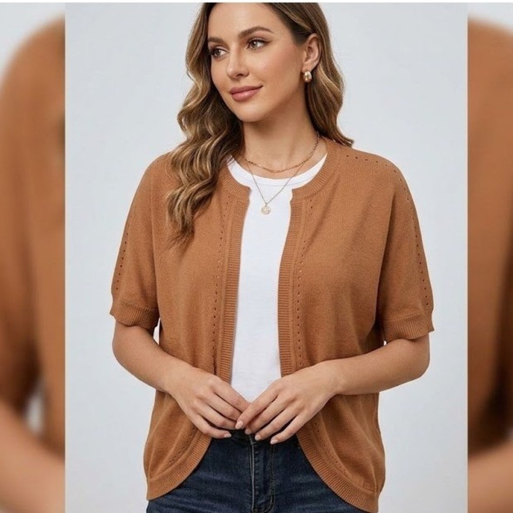 CURLBIUTY Women Tan Brown Camel Short Sleeve Open Front Knit Cardigan Sweater XL
